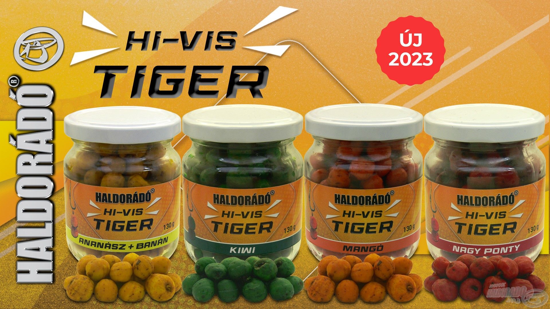 A Hi-Vis Tiger, feltűnő színű és ízű csalizó tigrismogyoró négyféle szín- és ízválasztékban érhető el