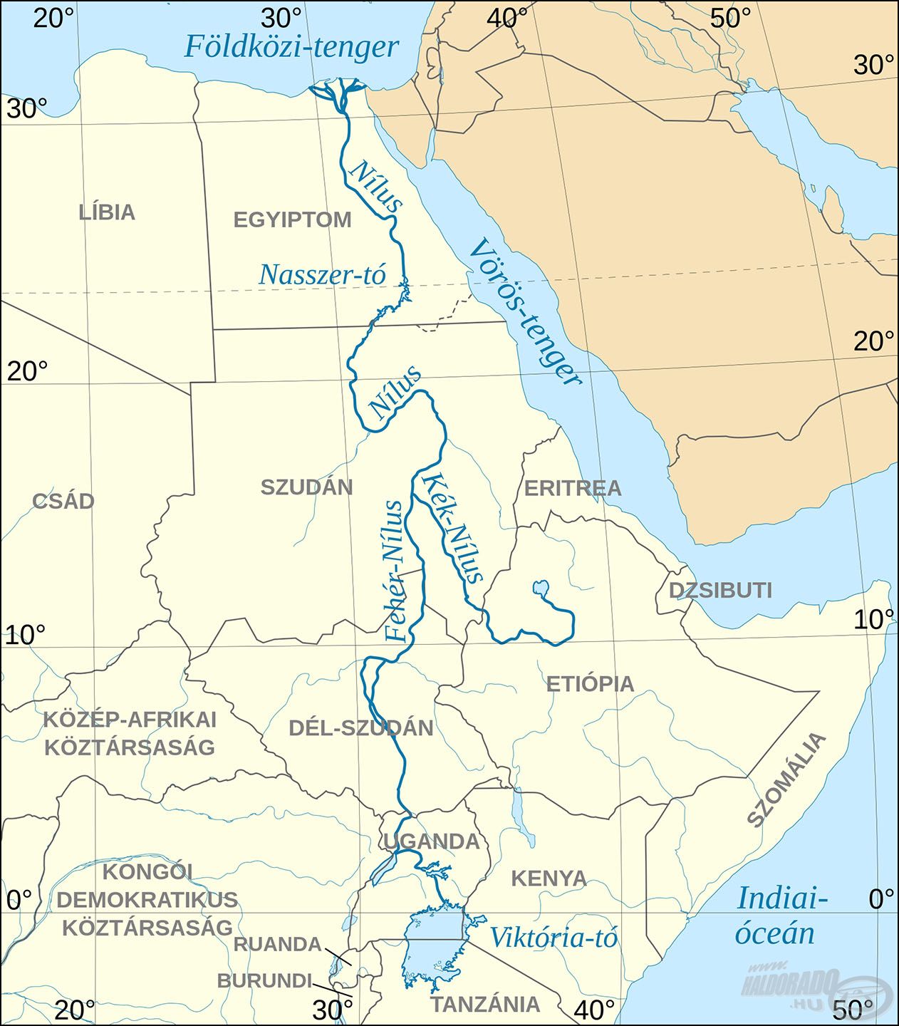 A Fehér-Nílus Szudánban egyesül a Kék-Nílussal és lesz belőle „csak szimplán” Nílus. Összesen 11 országot érint, amíg Földközi-tengerbe ömlik. A világ második legnagyobb folyója az Amazonas után