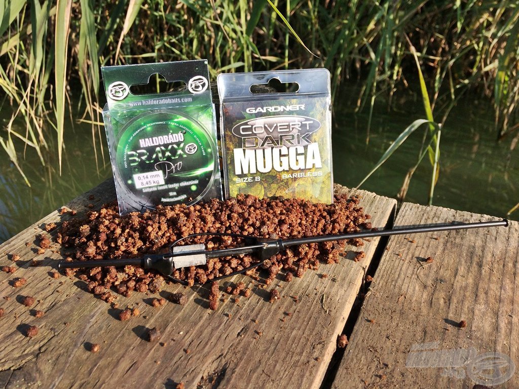 Az ideálisan összehangolt végszerelék elemei. Egy plusz súllyal ellátott 25 g-os Pellet kosár (így az össztömege 40 g) 0,14 mm-es Braxx előkezsinór, 8-as méretű szakállnélküli Gardner Dark Mugga horog. Elöljáróban csak annyit, hogy nem volt halvesztésem ezen a horgászaton…