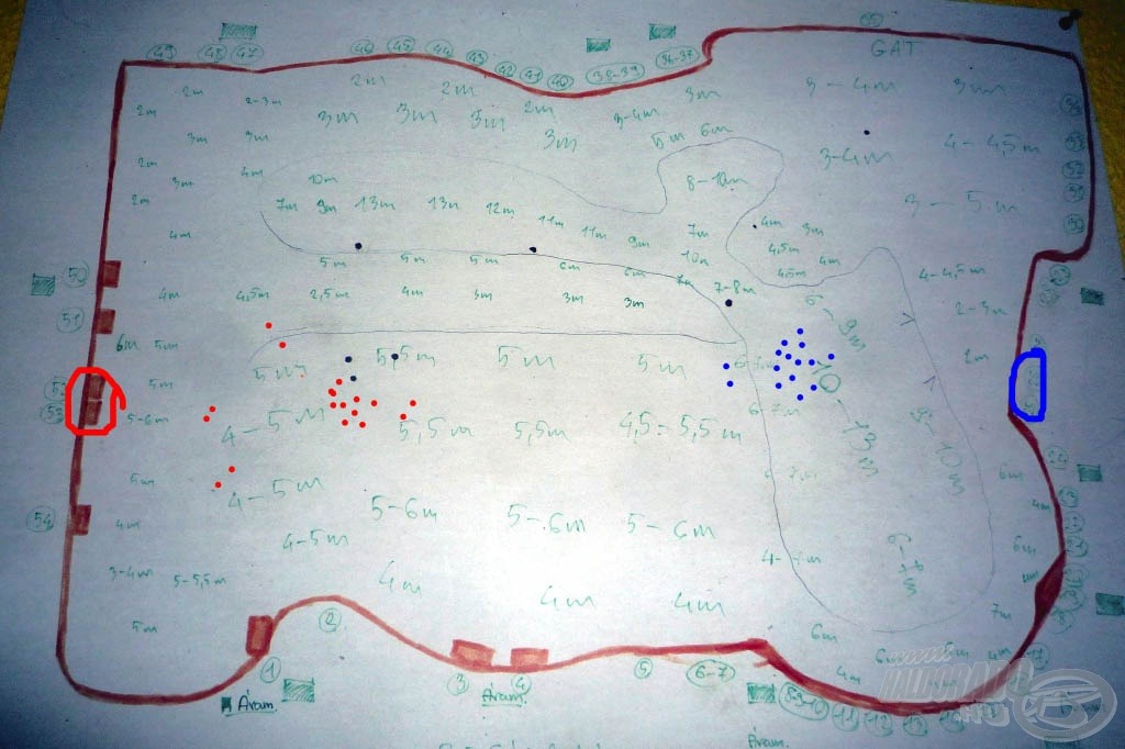 A tómeder feltérképezve… pirosak a délelőtti, kékek a délutáni próbálkozásainkat jelölik…