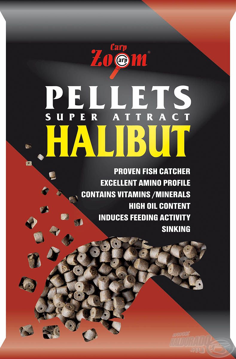 Halolajban gazdag, fúrt halibut pellet, mely 8, 15 és 20 mm-es változatokban kapható