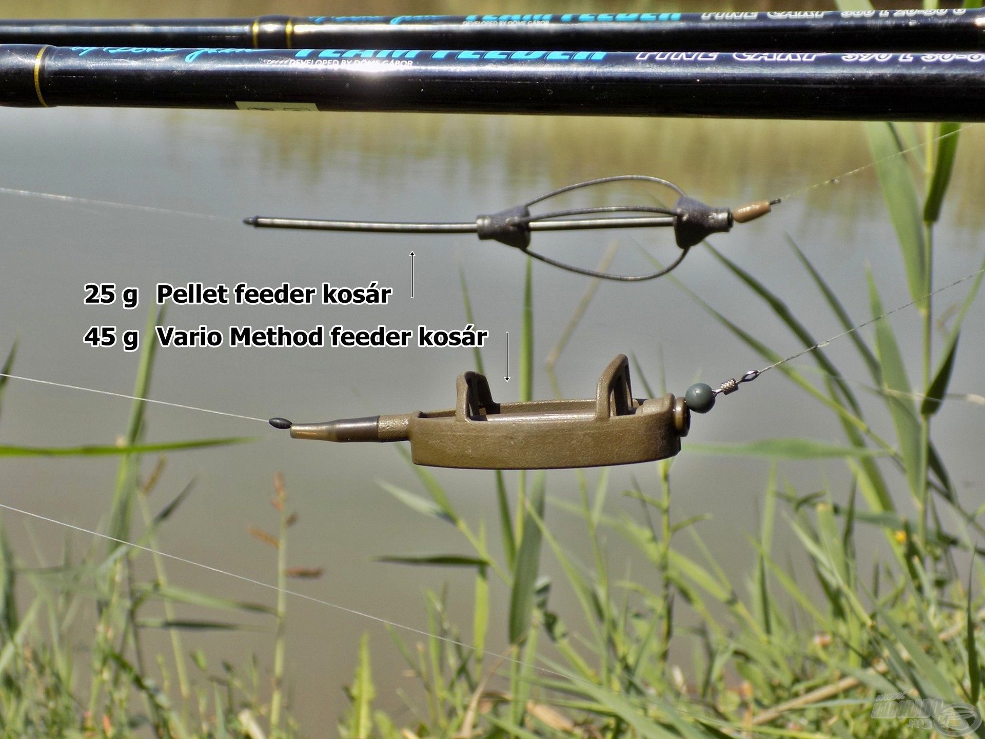 Rövidebb feederbotomra 25 g-os Pellet Feeder kosár került, míg a hosszabb, 3,9 m-es Fine Carpot 45 g-os Vario Method feederkosárral szereltem. Ha sekély vízben és nem túl nagy távolságra (30-35 m) horgászom, akkor a Pellet Feeder kosárba mindig lazán gyúrom bele az etetőanyagot, így már a csobbanás pillanatában látványos, táplálkozásra ingerlő „felhőt” hoz létre