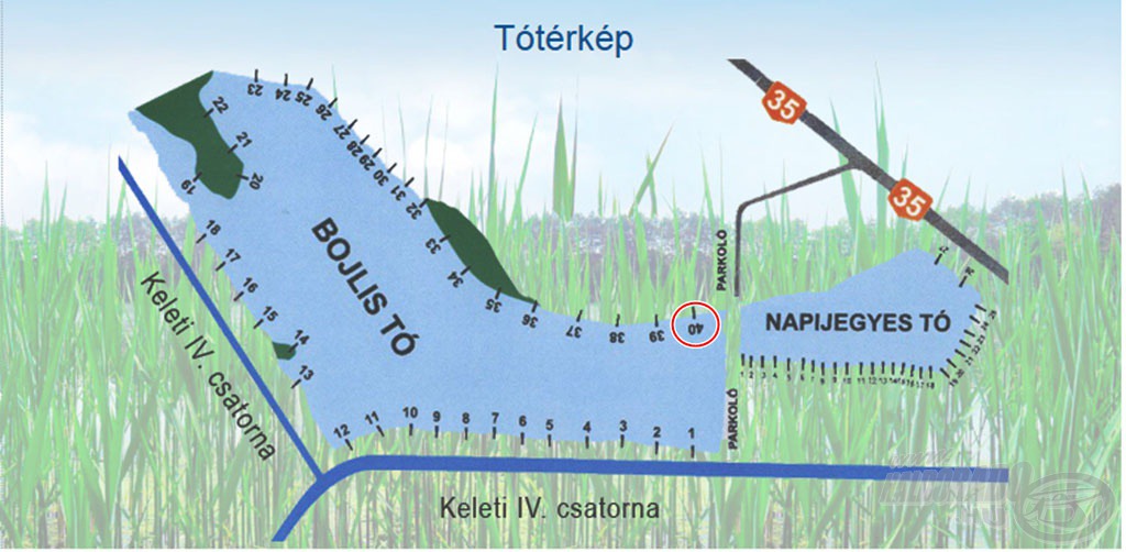 A térkép is remekül ábrázolja, hogy a tó szinte első helyét tudtam lefoglalni. Hogy ez előny vagy hátrány, csak a horgászat végén derül ki