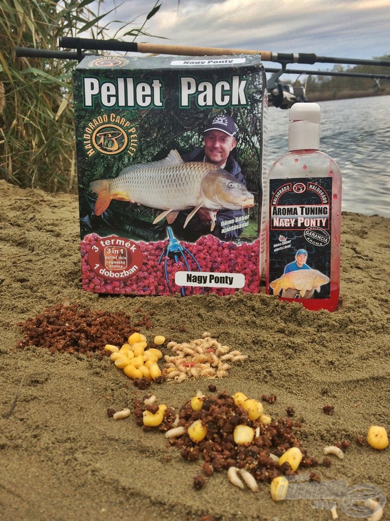 Nagy Ponty Pellet Pack és a hozzá tartozó Aroma Tuning. Már önmagában is kellően tartalmas keverék, de most némi csemegekukoricával és fullasztott csontival egészítettem ki