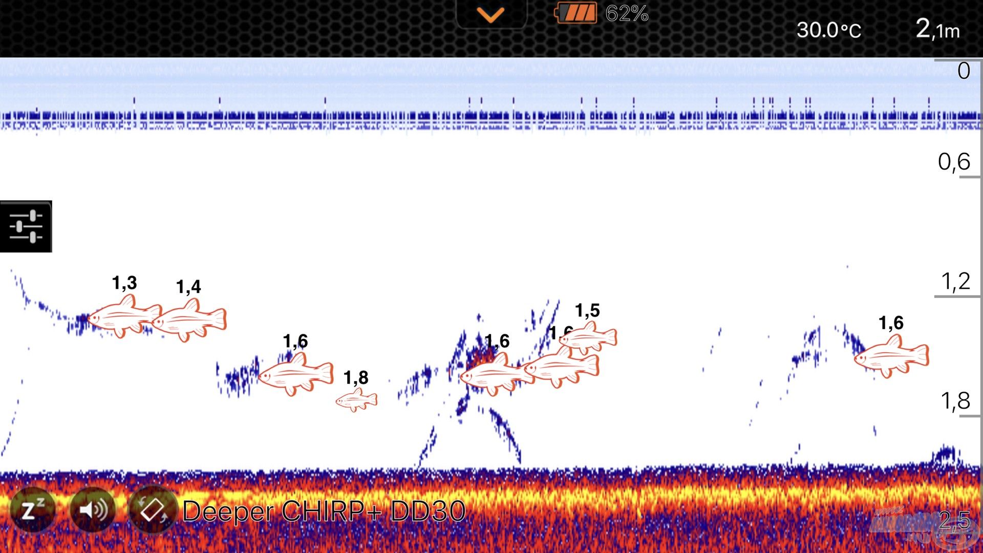 DEEPER SMART SONAR alkalmazás letöltése és a halradar beüzemelése után ezt a részletes képet láthatjuk a DEEPER Chirp+ működése közben