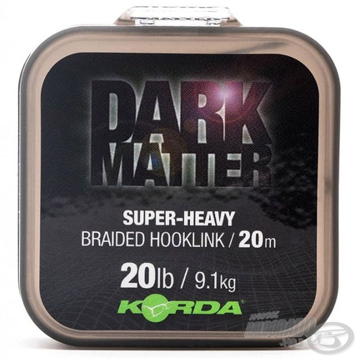 A Korda Dark Matter Super Heavy Braid Hooklink előkezsinór egy lágy fonott zsinór, mely extra nehéz, ezáltal extra gyorsan süllyed, diszkrét álcázó színe még a leggyanakvóbb halak elől is elrejti