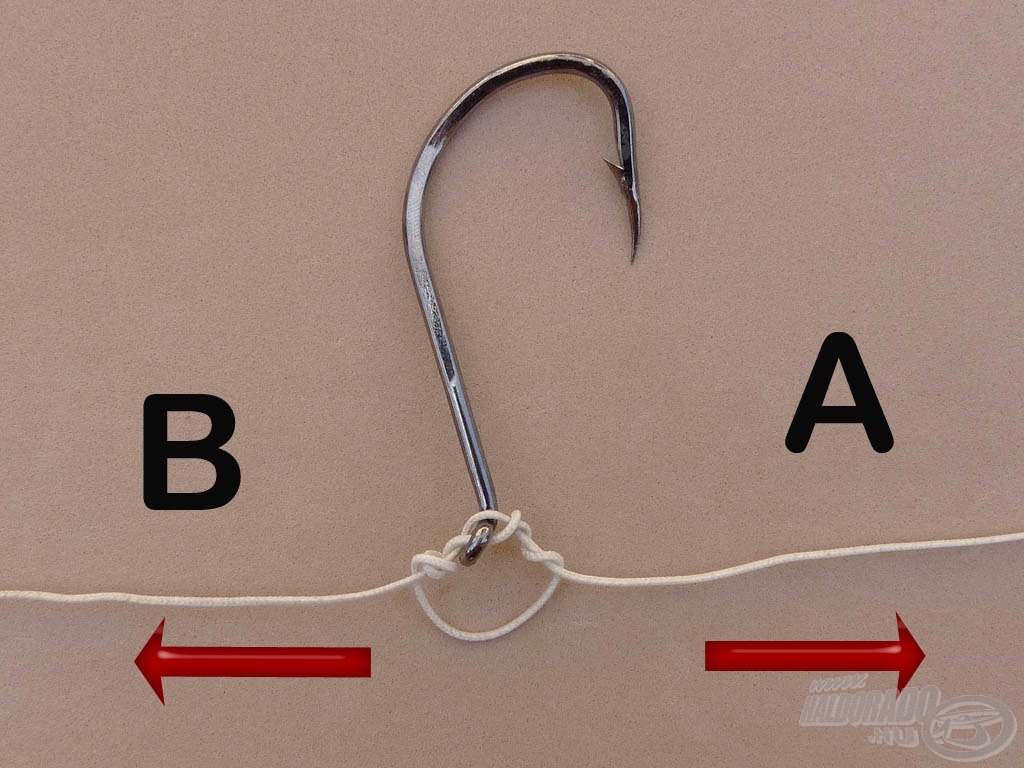 Nedvesítsük meg a damilt és szorítsuk meg a kötést az „A” és „B” szálak nyilak irányába történő húzásával