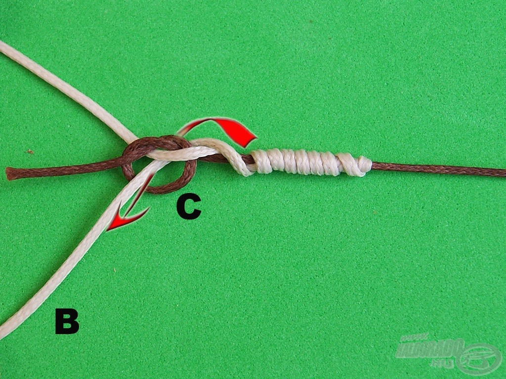 Bújtassuk át a „B” szálvéget a „C” jelű csomón