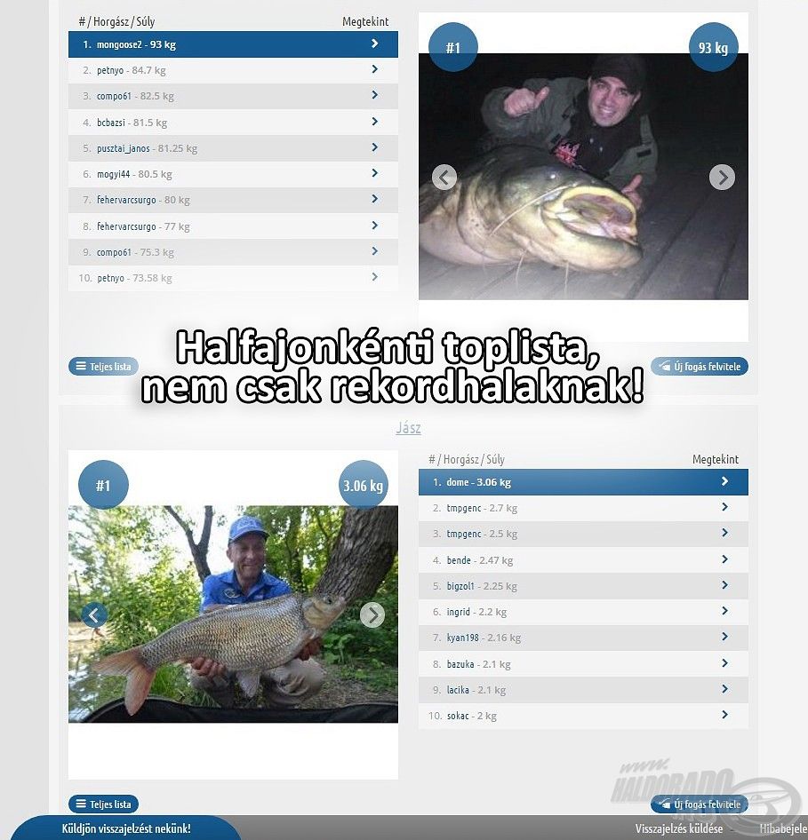 Ezután is megtalálható a halfajonkénti TOP10-es lista, viszont ahogy a neve is elárulja, a Fogási napló nem rekordlista, itt minden szépen megörökített fogásnak helye van!