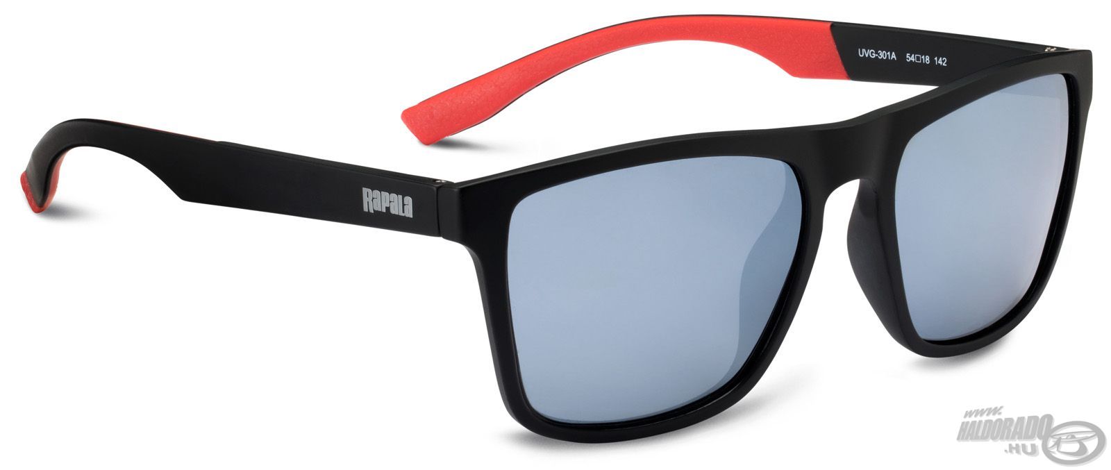 A Sportsman’s UVG-301A napszemüveg igazán divatos fekete kerettel, belül piros szárakkal illetve szürke színű tükörbevonatos lencsével készül