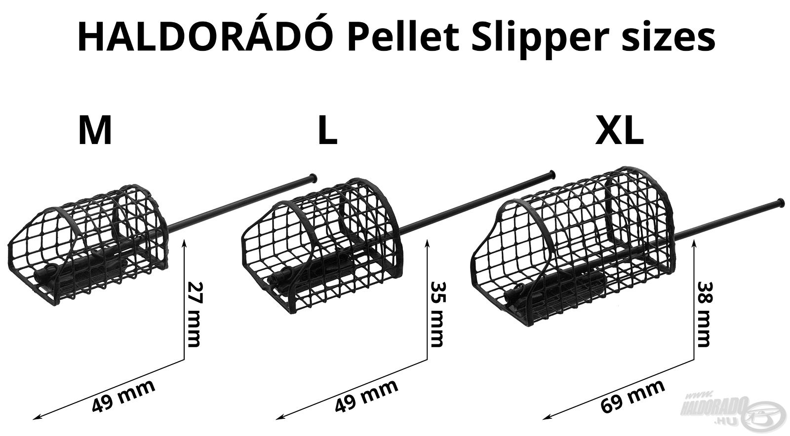 A legnagyobb, XL méretű etetéshez, míg a két kisebb (L és M) méretű a horgászathoz javasolt