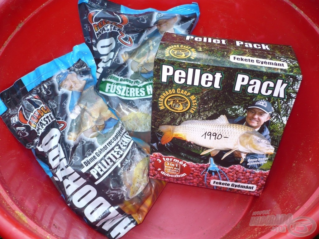 Pelletes Fekete, Fűszeres Hal etetőanyagok és egy doboz Fekete Gyémánt Pellet Pack