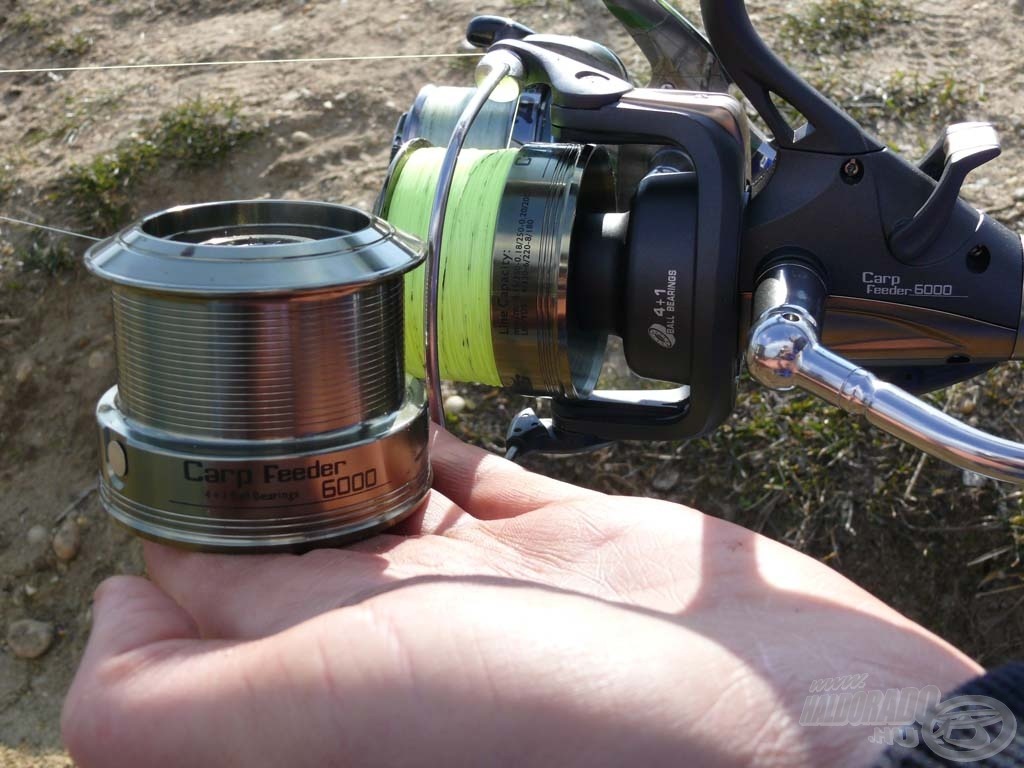 A Nevis Carp Feeder 6000 típusú orsó sekély, 63,5 mm átmérőjű fémdobjai „mindössze” 200 méter 0,20 mm vastag főzsinórt vesznek fel, amely ideális mennyiség a feederhorgászatban