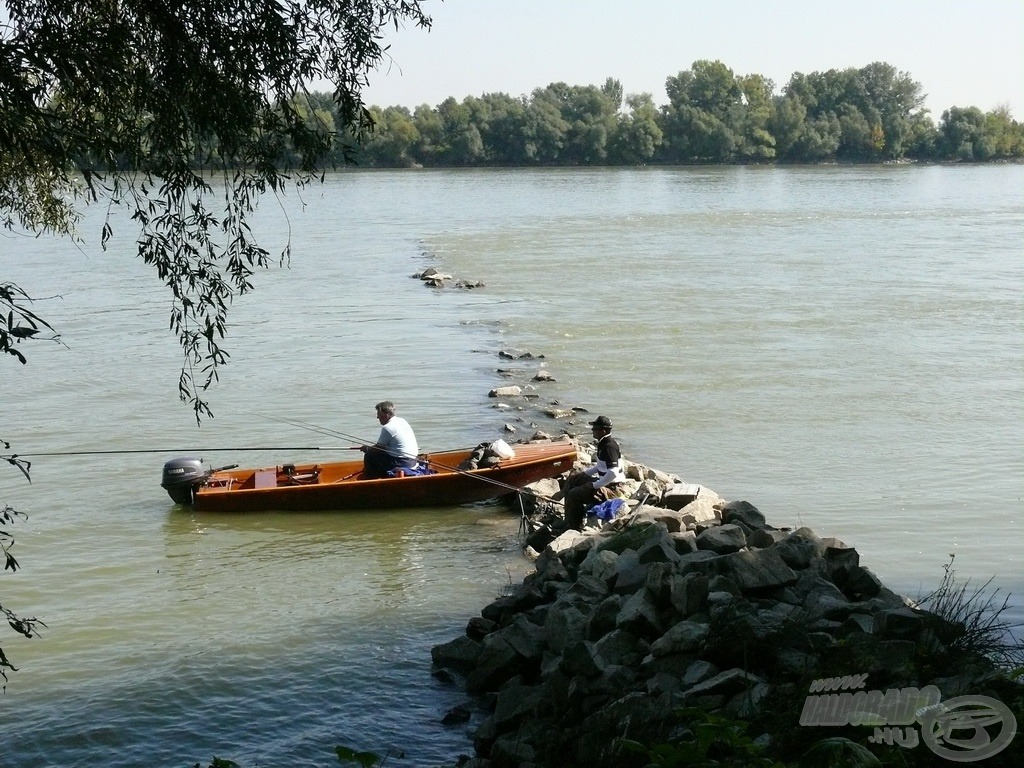 Ahogy felszállt a köd, látszódott, hogy a kőrugany jelentős része még víz alatt volt. Ennek a legfelső (kilátszó), éppen meghorgászható részén telepedtünk le, a ráfolyási oldalon