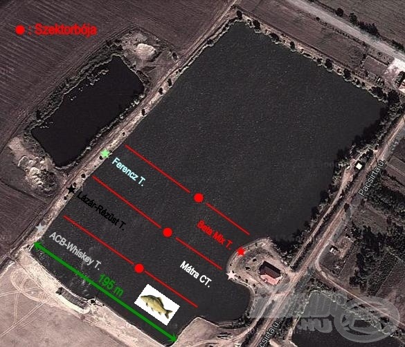A (szomszédos) csapatok elhelyezkedése a tó végében, és a nagyszámú ponty vélt tartózkodási helye a verseny ideje alatt