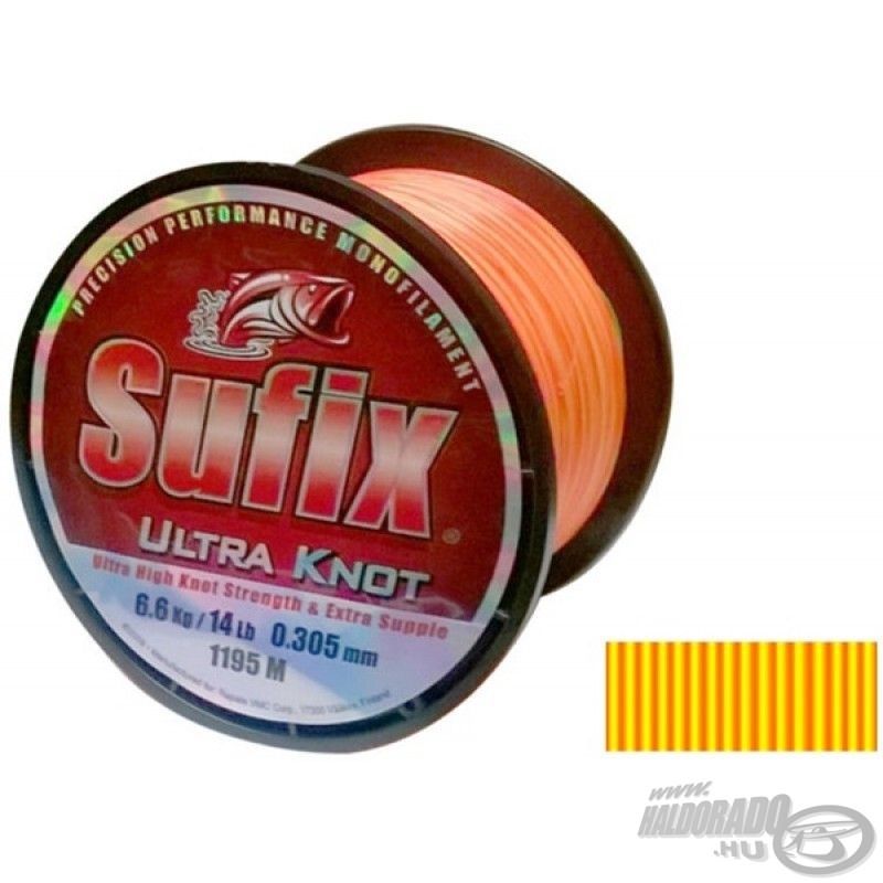 A SUFIX Ultra Knot yellow-orange zsinórnak speciális gyártástechnológia miatt rendkívül nagy a csomótűrő képessége, lágysága miatt pedig nagyon könnyen fut le az orsó dobjáról