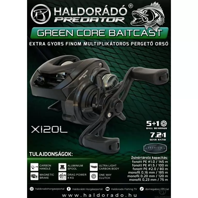 HALDORÁDÓ Predator Green Core Baitcast X120L extra gyors finom multiplikátoros pergető orsó / 1